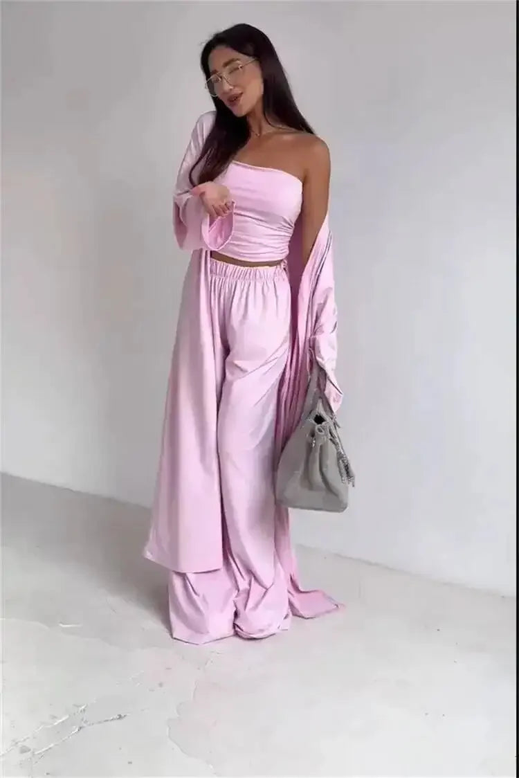 Ensemble 3 Pièces Femme — Débardeur, Long Cardigan & Pantalon Large Élégant | Bureau Été