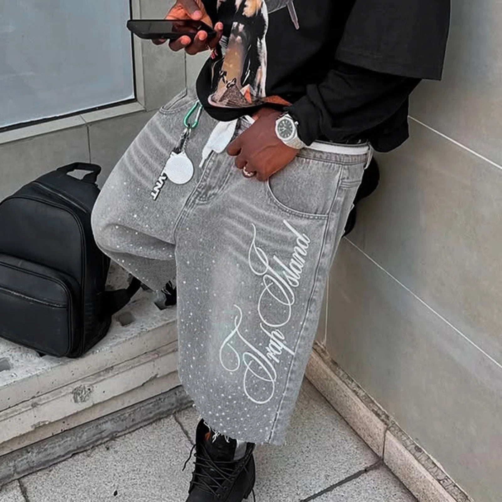 Short Jean Homme Été Décontracté — Longueur Genou Broderie Lettre Brillante Strass Avec Poches