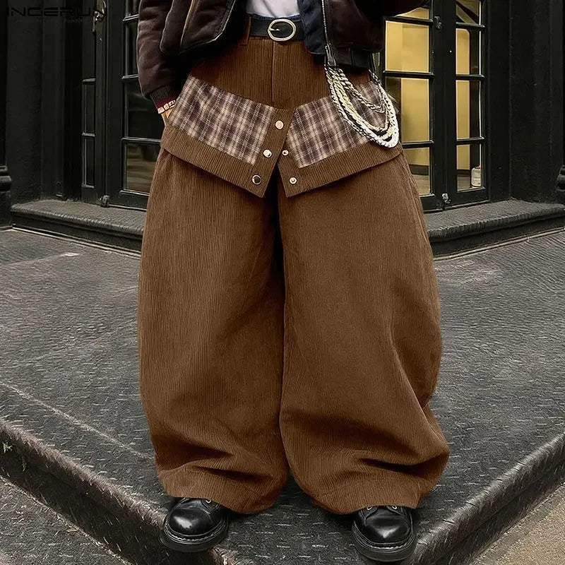 Pantalon Jogger À Carreaux Patchwork — Oversize Boutonné, Streetwear Élégant | INCERUN 2026