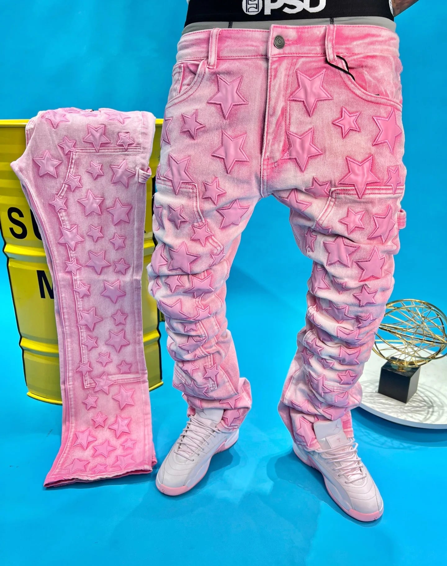 Jean Skinny Homme Y2K — Style Gothique Punk Étoile 3D Brodée Rose Harajuku Taille Basse Décontracté