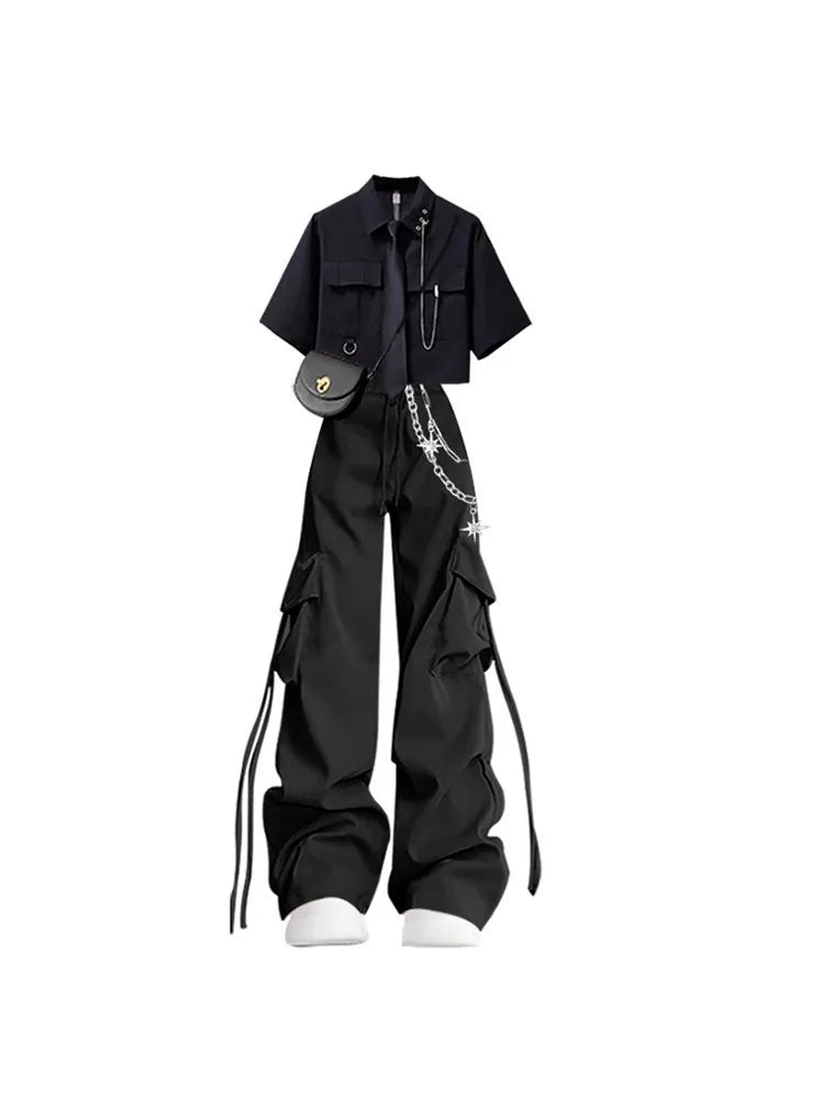 Ensemble Deux Pièces Femme — Chemise Noire Élégante & Salopette | Style Luxe Urbain
