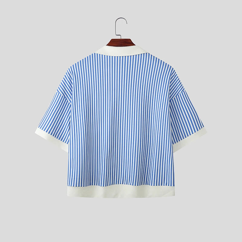 Chemise Rayée Patchwork Coutures Colorées INCERUN — Manches Courtes Ajustée Été 3 Coloris