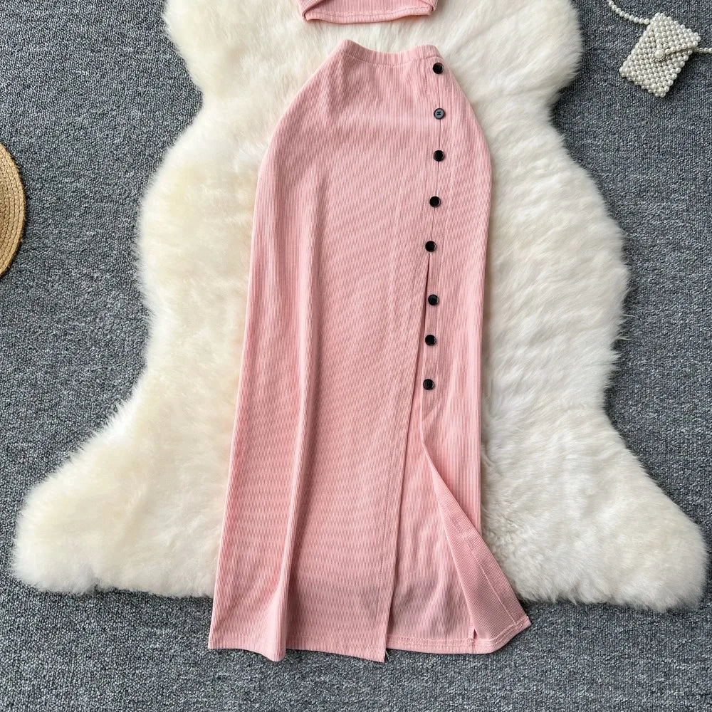 Ensemble 2 Pièces Été — Haut Court Col V + Jupe Longue Fendue Taille Haute Élastique Couleur Unie | Foamlina