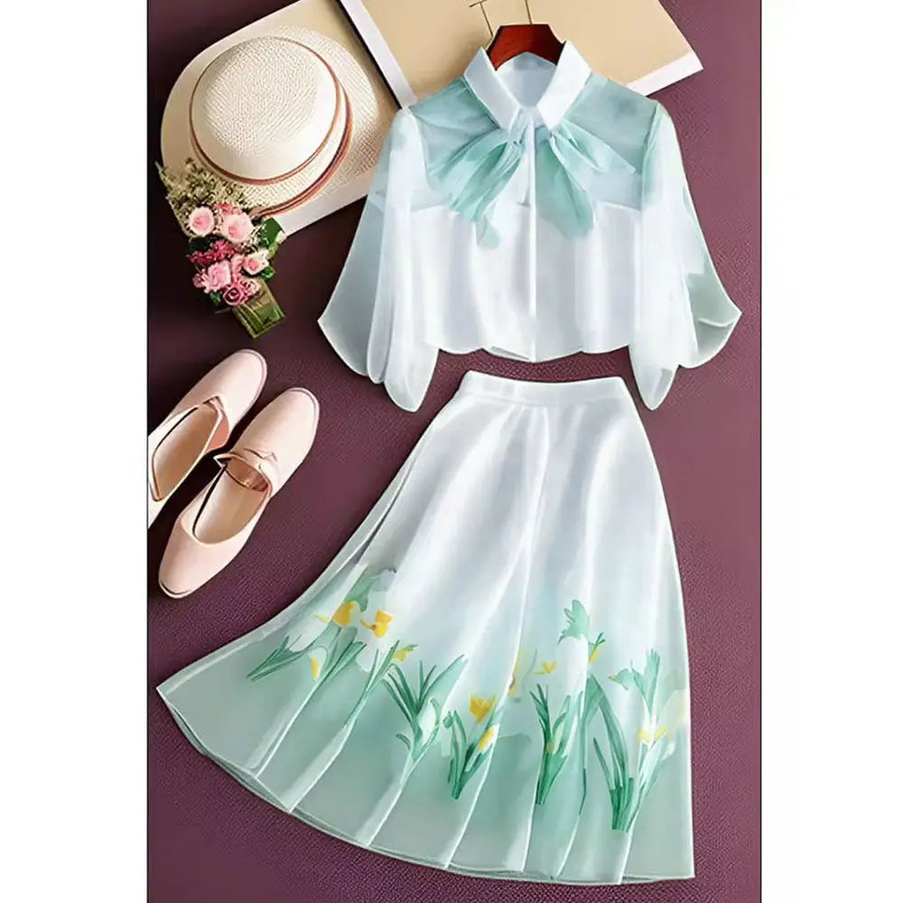 Ensemble 2 Pièces Élégant — Chemise Florale Manches Courtes Lâche + Jupe Mi-Mollet Taille Élastique | Printemps Été