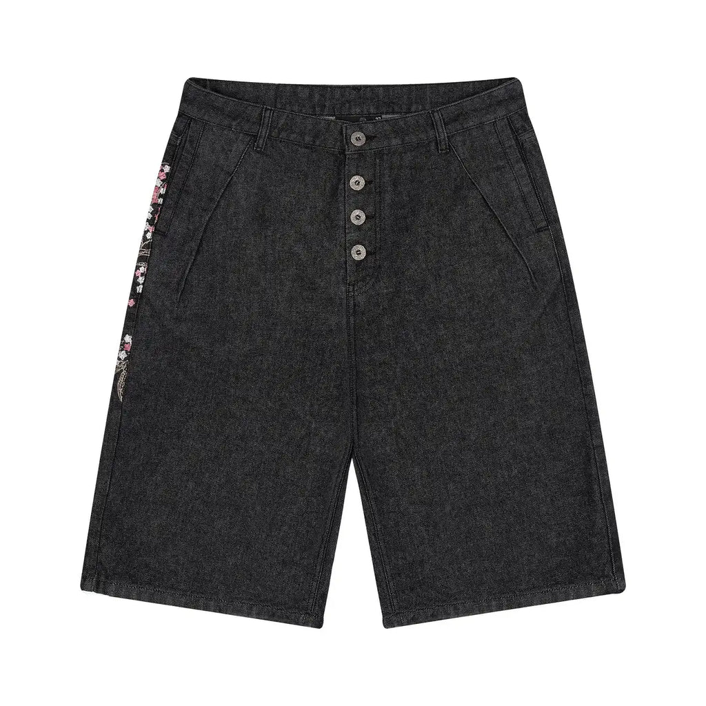 Short en Jean Vintage Y2K – Brodé Fleurs de Cerisier Streetwear Délavé | Unisexe Été