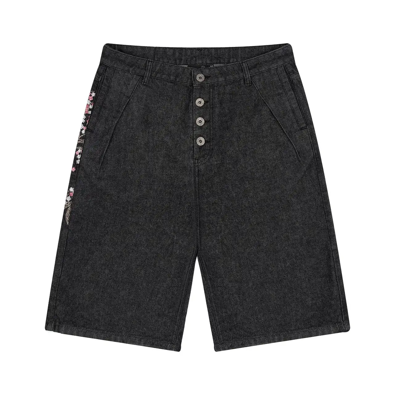 Short en Jean Vintage Y2K – Brodé Fleurs de Cerisier Streetwear Délavé | Unisexe Été