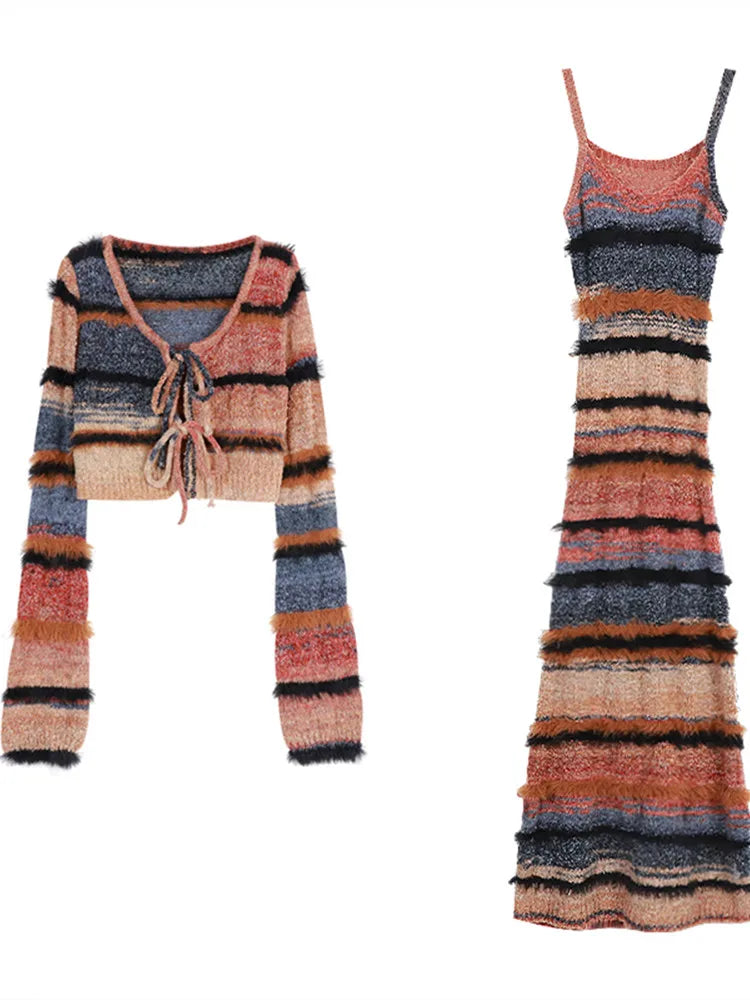 Ensemble 2 Pièces Tricoté Rayé — Cardigan Sexy Manches Longues + Robe À Bretelles Style Coréen Streetwear | UZSC