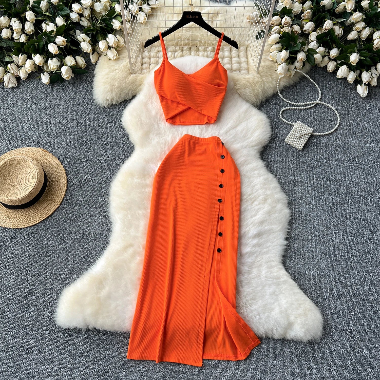 Ensemble 2 Pièces Été — Haut Court Col V + Jupe Longue Fendue Taille Haute Élastique Couleur Unie | Foamlina