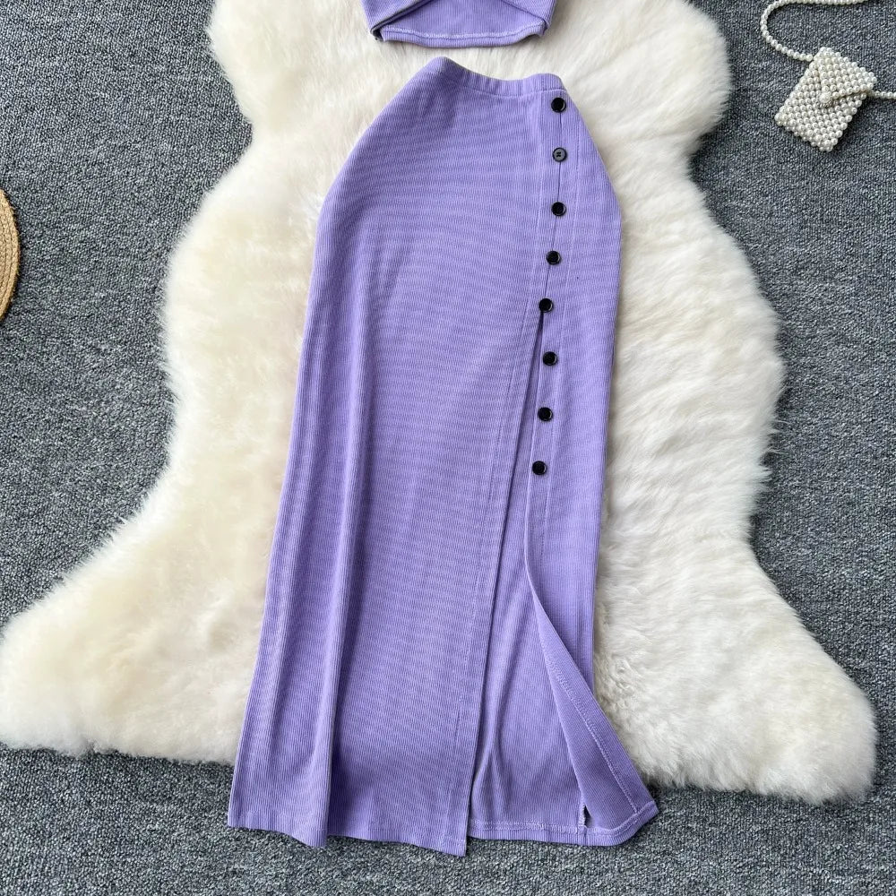 Ensemble 2 Pièces Été — Haut Court Col V + Jupe Longue Fendue Taille Haute Élastique Couleur Unie | Foamlina
