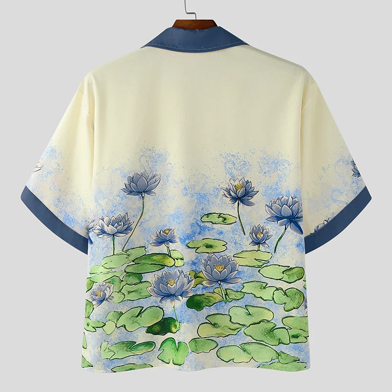 Chemise Patchwork Imprimée Manches Courtes — Col Rabattu, Streetwear Été Ample | INCERUN 2025