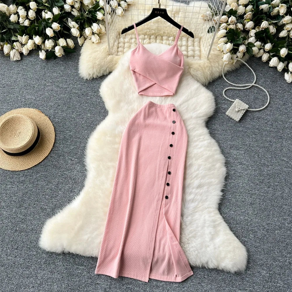 Ensemble 2 Pièces Été — Haut Court Col V + Jupe Longue Fendue Taille Haute Élastique Couleur Unie | Foamlina