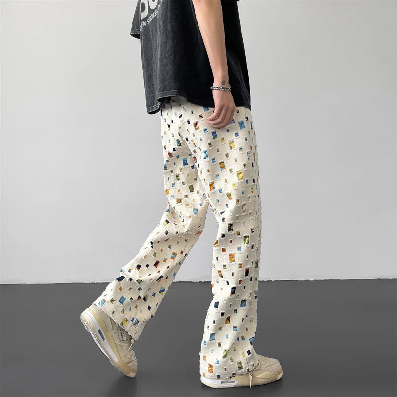 Pantalon Large Ajouré Rétro – Streetwear Hip-Hop À Carreaux Colorés | Homme Décontracté