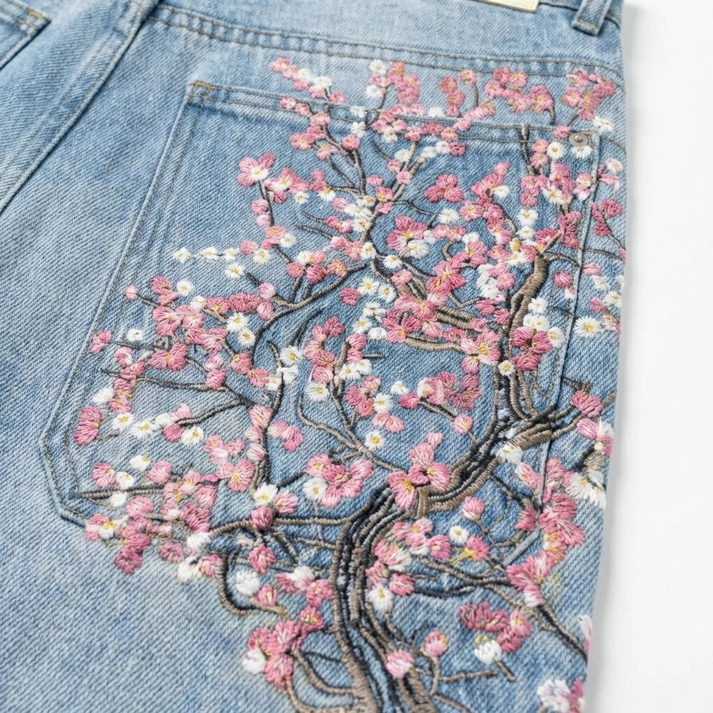 Short en Jean Vintage Y2K – Brodé Fleurs de Cerisier Streetwear Délavé | Unisexe Été