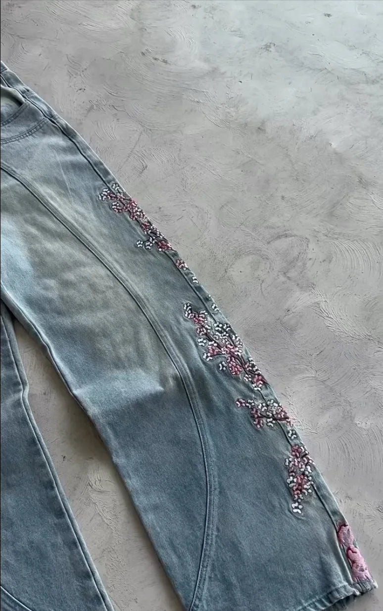 Jean Baggy Droit Y2K Broderie Fleur de Cerisier Chevalier — Denim Vintage Streetwear BiggOrange