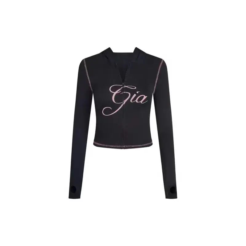 Ensemble veste courte à capuche zippée et pantalon, coupe slim, imprimé lettres, design à fils apparents, GIA