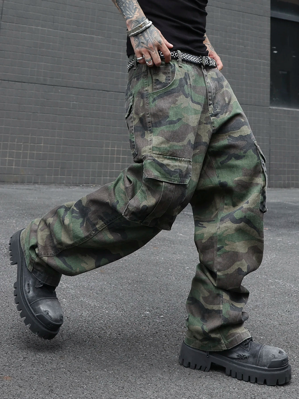 Jean Cargo Camouflage Vert Armée Multi-Poches — Coupe Ample Style Militaire Streetwear Homme