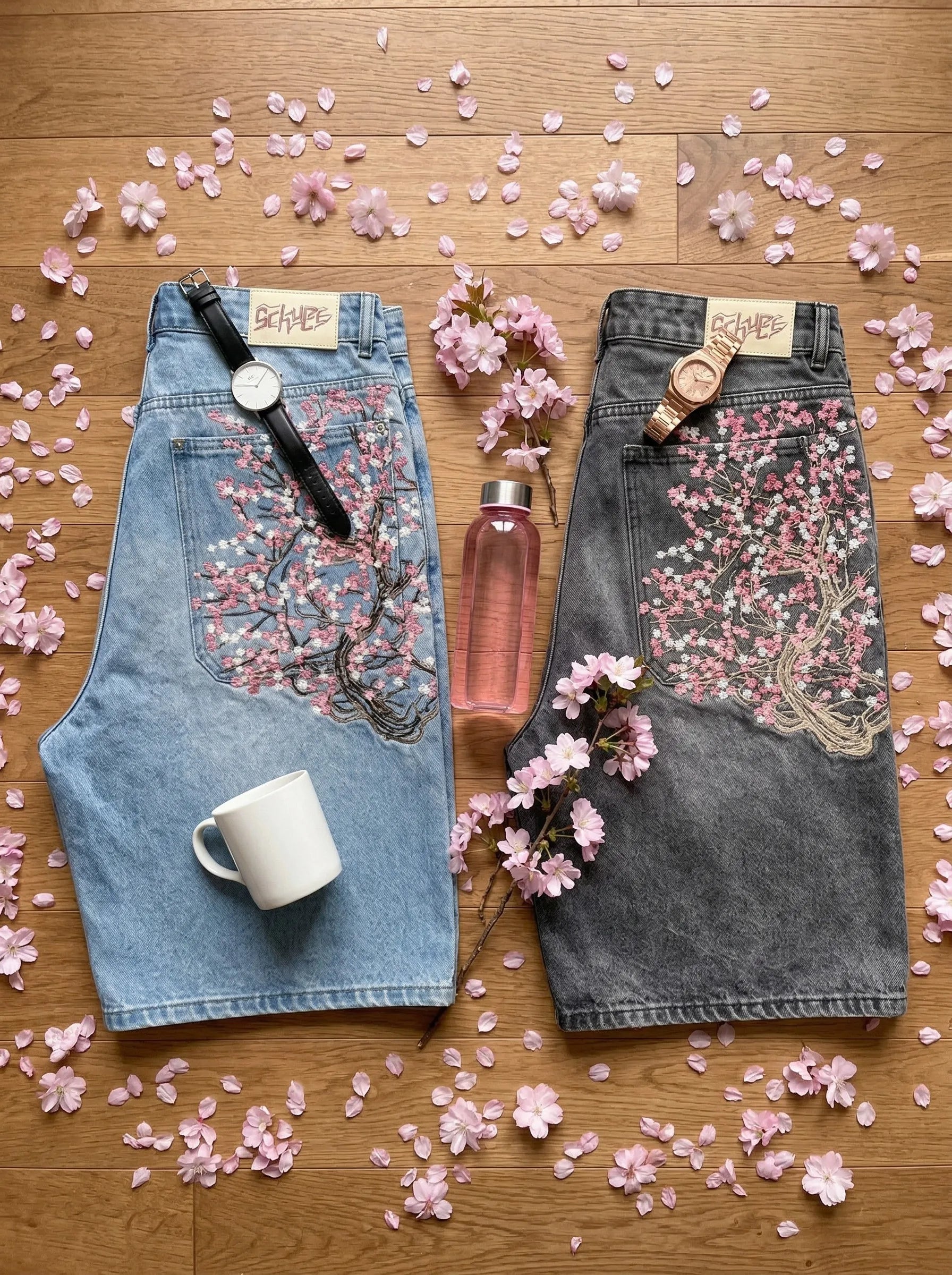 Short en Jean Vintage Y2K – Brodé Fleurs de Cerisier Streetwear Délavé | Unisexe Été