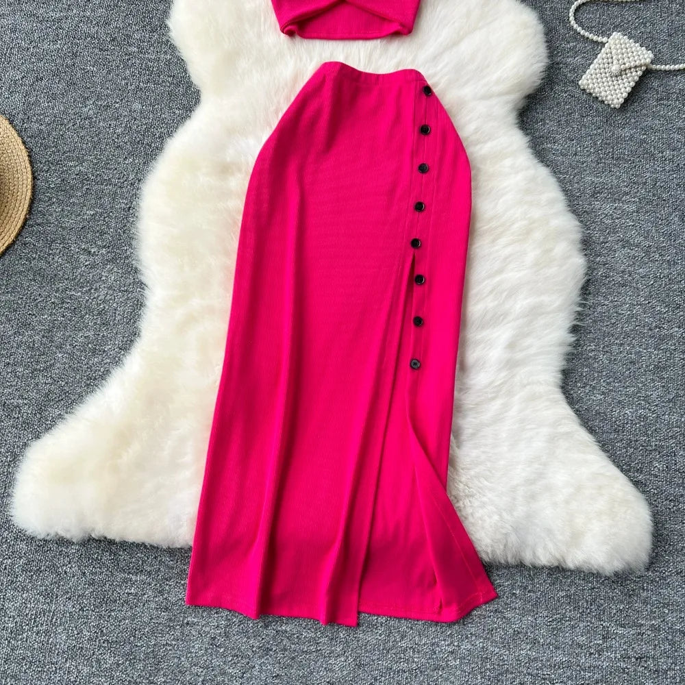 Ensemble 2 Pièces Été — Haut Court Col V + Jupe Longue Fendue Taille Haute Élastique Couleur Unie | Foamlina