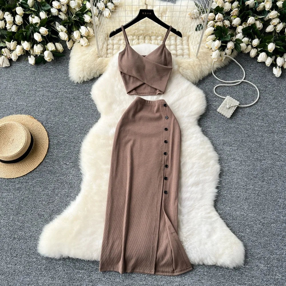 Ensemble 2 Pièces Été — Haut Court Col V + Jupe Longue Fendue Taille Haute Élastique Couleur Unie | Foamlina