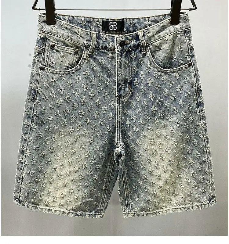 Short Denim Y2K Hip Hop Jacquard Ample Rétro — Style Américain Luxe Été Homme
