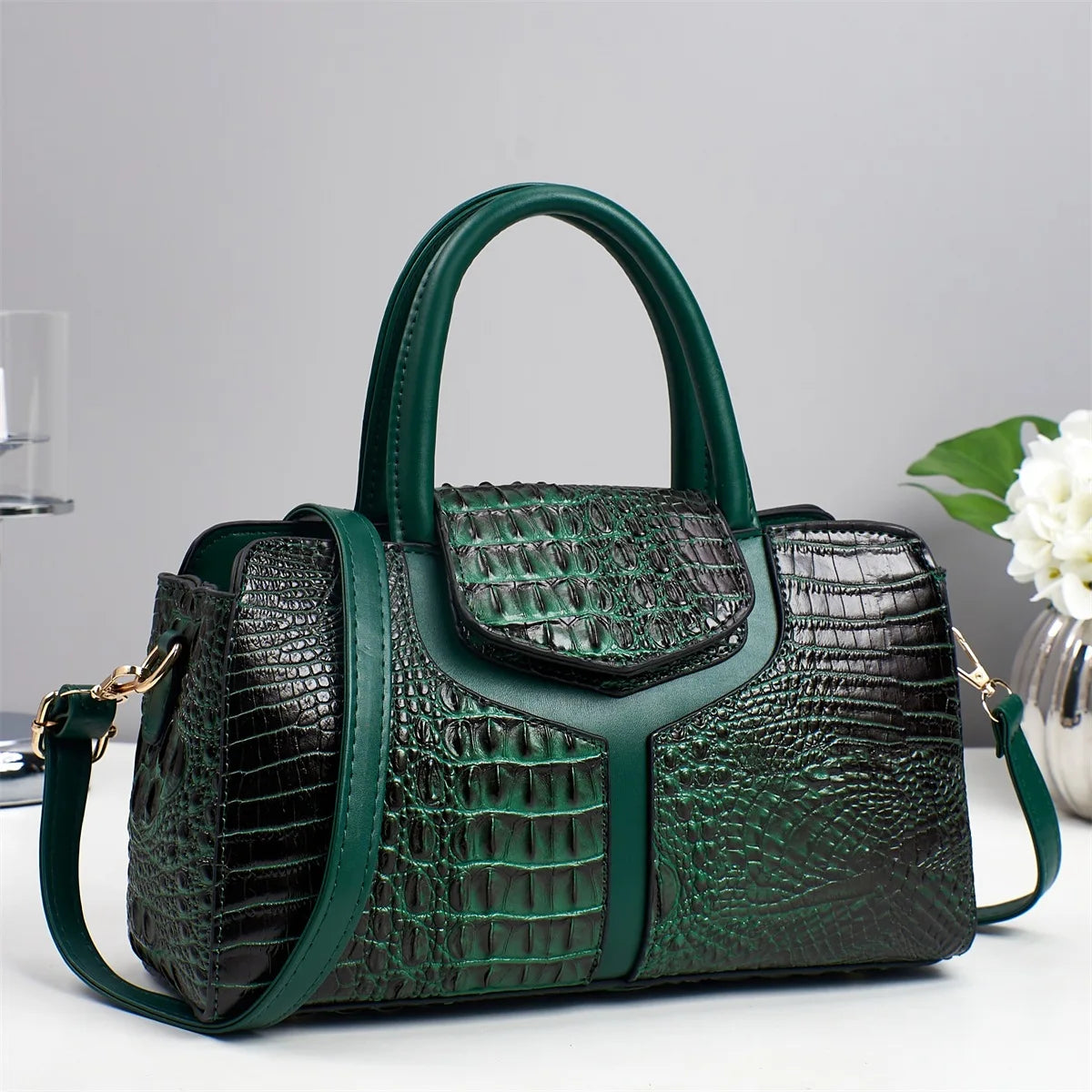 Sac Carré Motif Crocodile Grande Capacité — Tote Minimaliste Urbain PU Luxe