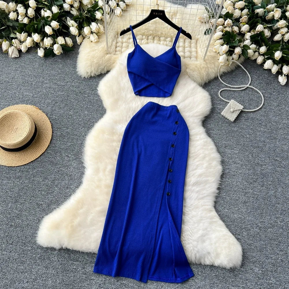 Ensemble 2 Pièces Été — Haut Court Col V + Jupe Longue Fendue Taille Haute Élastique Couleur Unie | Foamlina