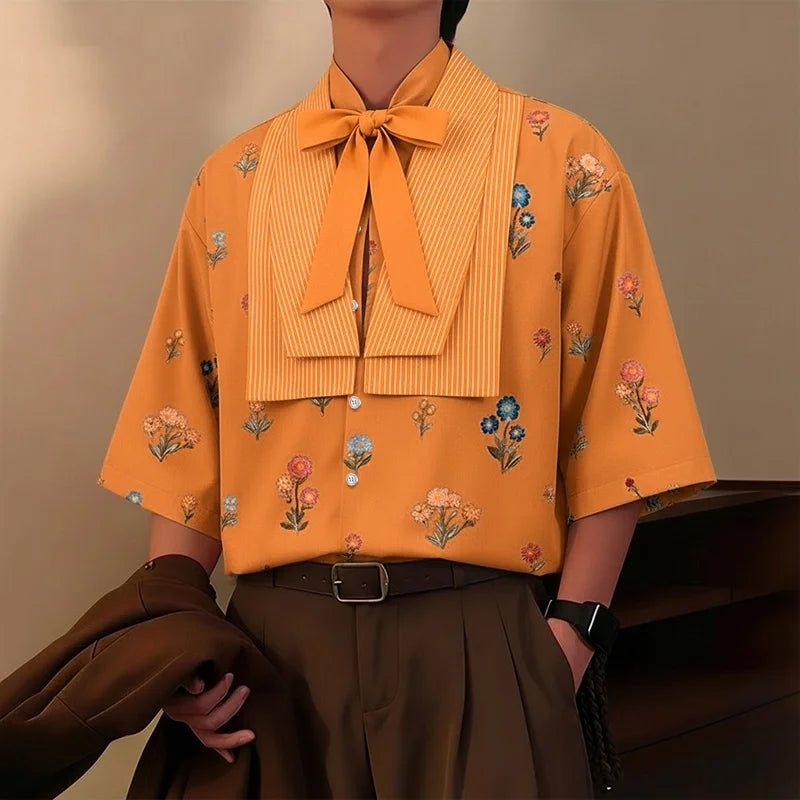 Chemise Florale Patchwork Manches 3/4 — Col V à Nouer, Streetwear Ample | INCERUN 2026