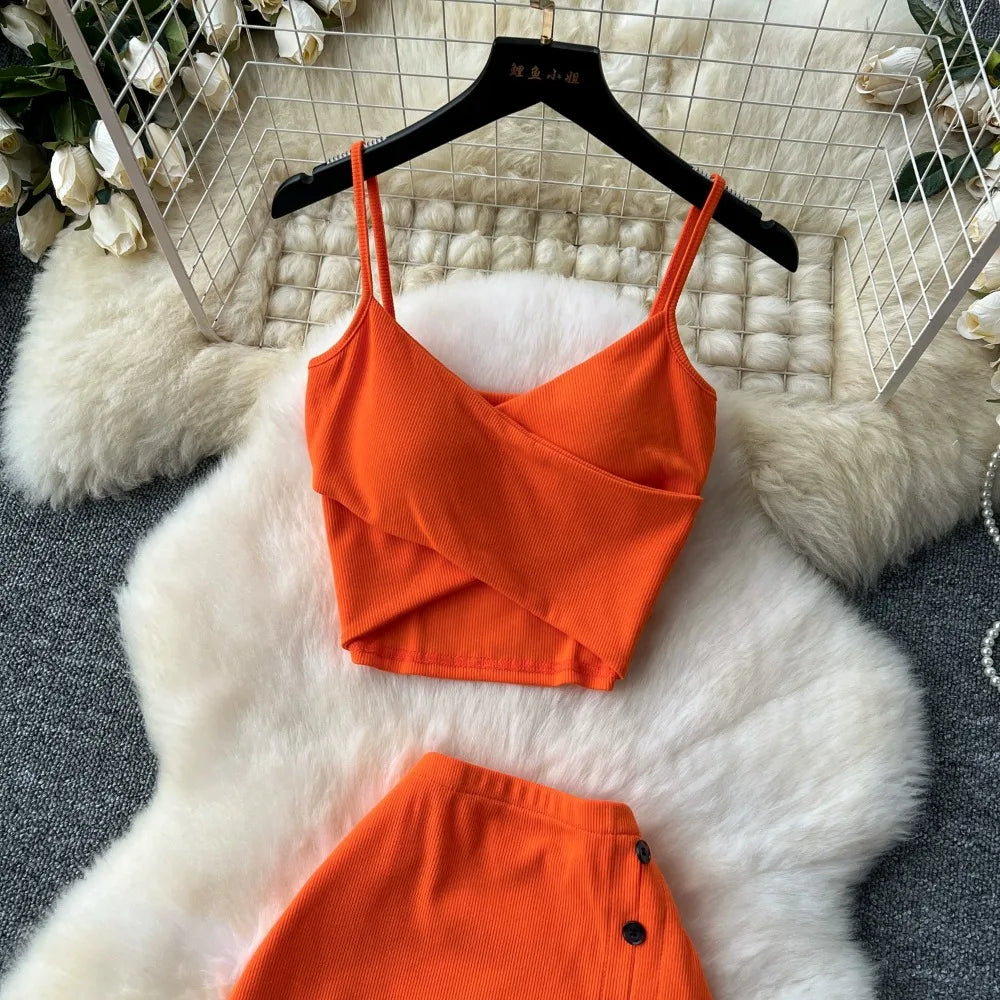 Ensemble 2 Pièces Été — Haut Court Col V + Jupe Longue Fendue Taille Haute Élastique Couleur Unie | Foamlina