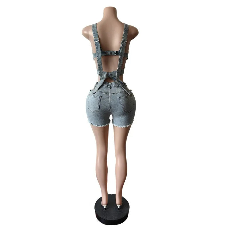 Ensemble 2 Pièces Denim — Crop Top Licou Sans Manches + Short Jean Déchiré Sexy Vacances | CM.YAYA Été 2025
