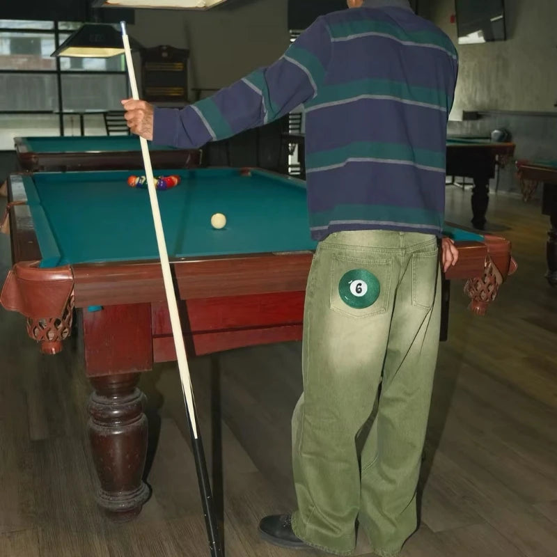 Jean Ample Y2K Matcha Billard Broderie Délavé — Streetwear London New York Unisexe BiggOrange