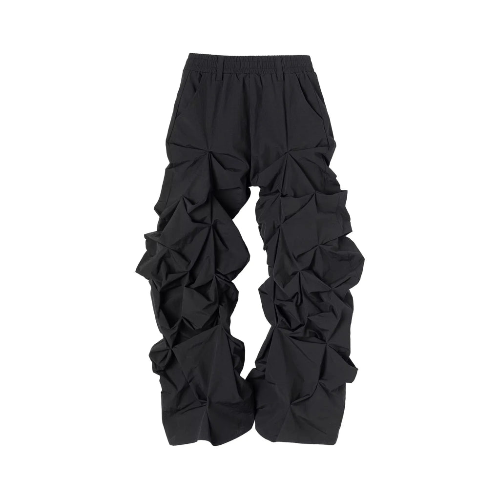 Pantalon Jambe Large Noir Empilé Streetwear Luxe — Plissé Taille Élastique 4 Saisons Mauroicardi