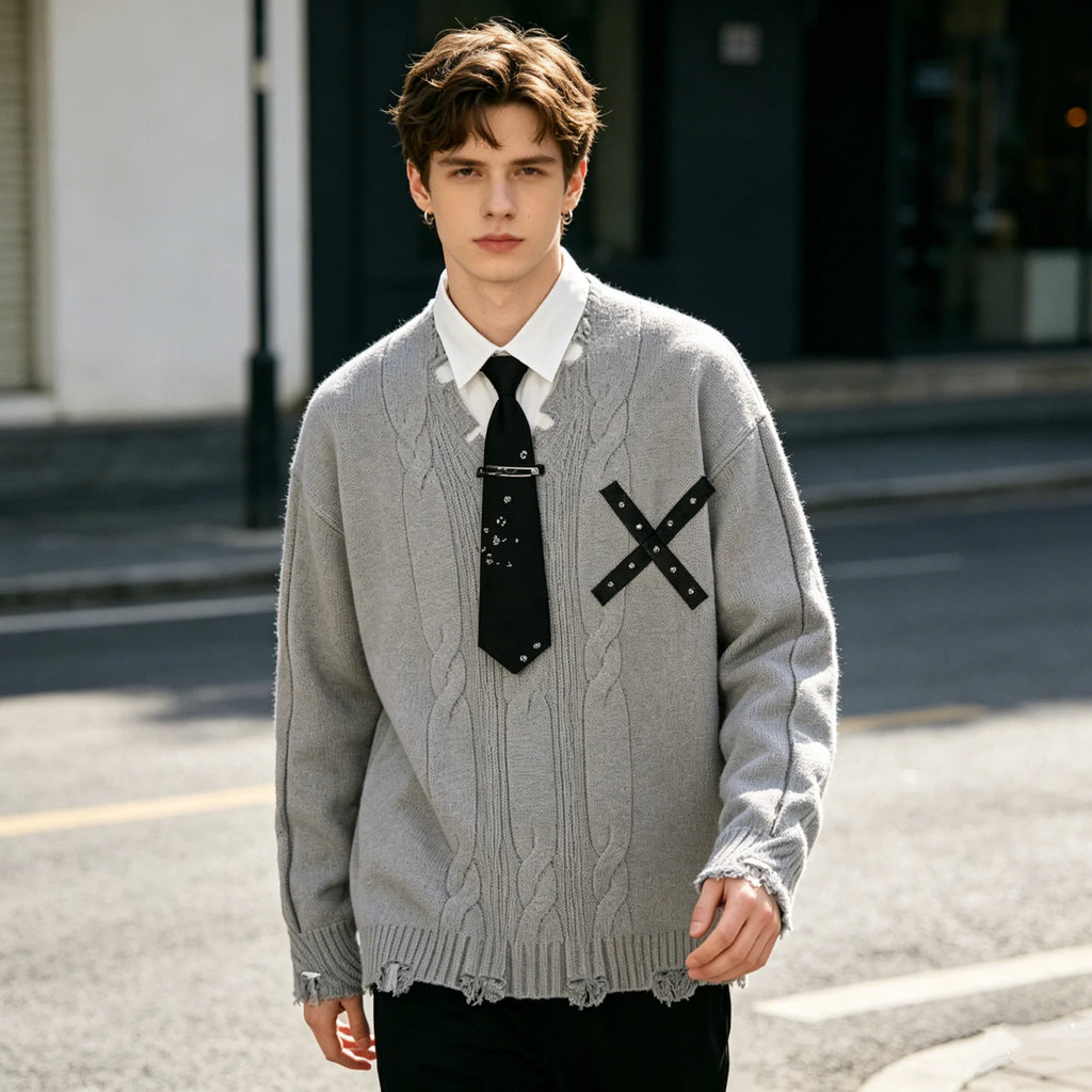 Pull Harajuku Y2K — Faux Deux Pièces, Effet Déchiré, Color Block | HANGJIA