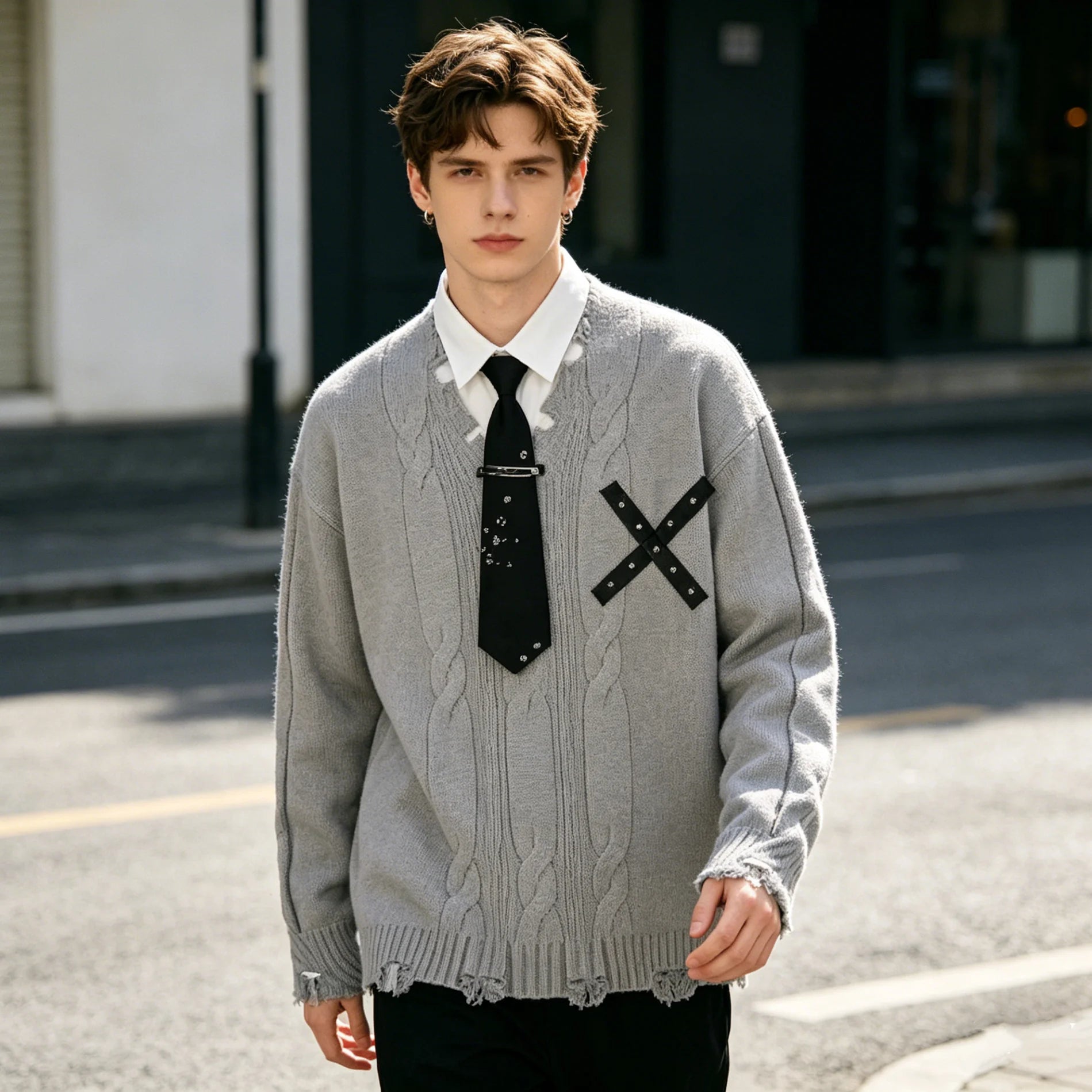 Pull Harajuku Y2K — Faux Deux Pièces, Effet Déchiré, Color Block | HANGJIA