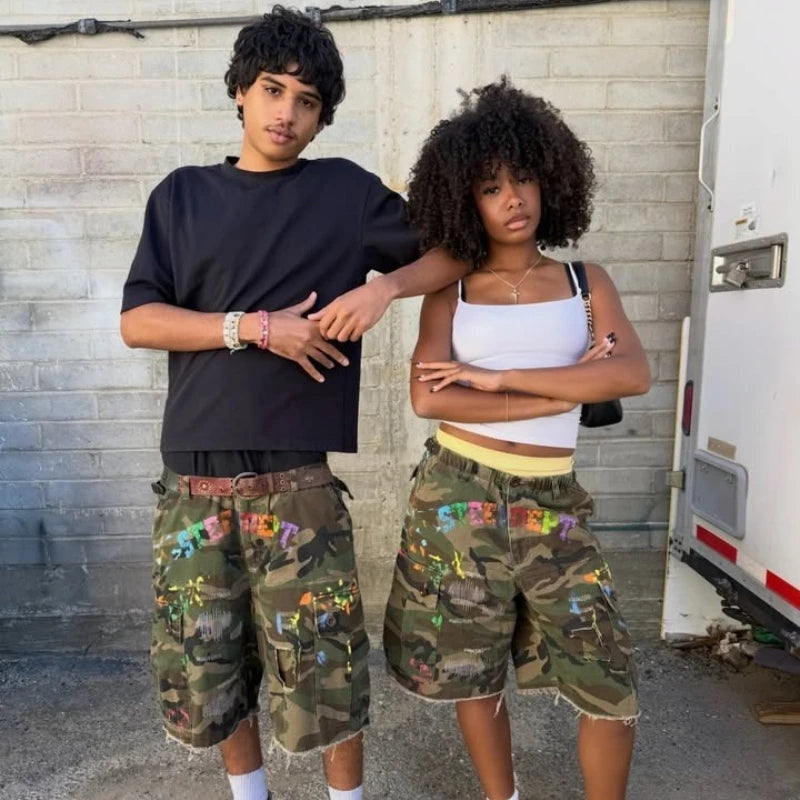 Short Cargo Y2K Camouflage — Éclaboussures de Peinture, Baggy, Hip Hop Unisexe | BiggOrange