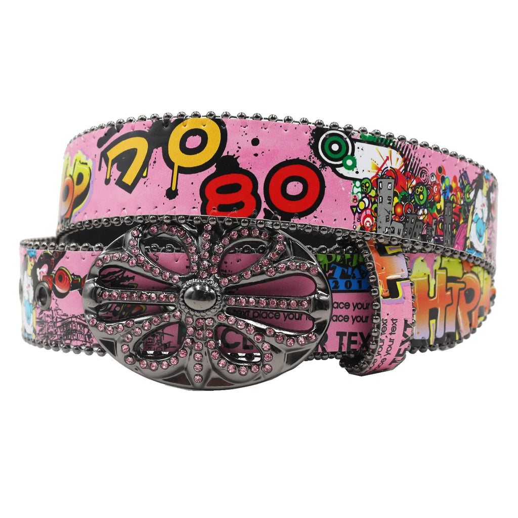 Ceinture PU Unisexe — Imprimé Graffiti Punk Bohème Y2K Hip Hop Western Cowboy Cowgirl Boucle Personnalisée