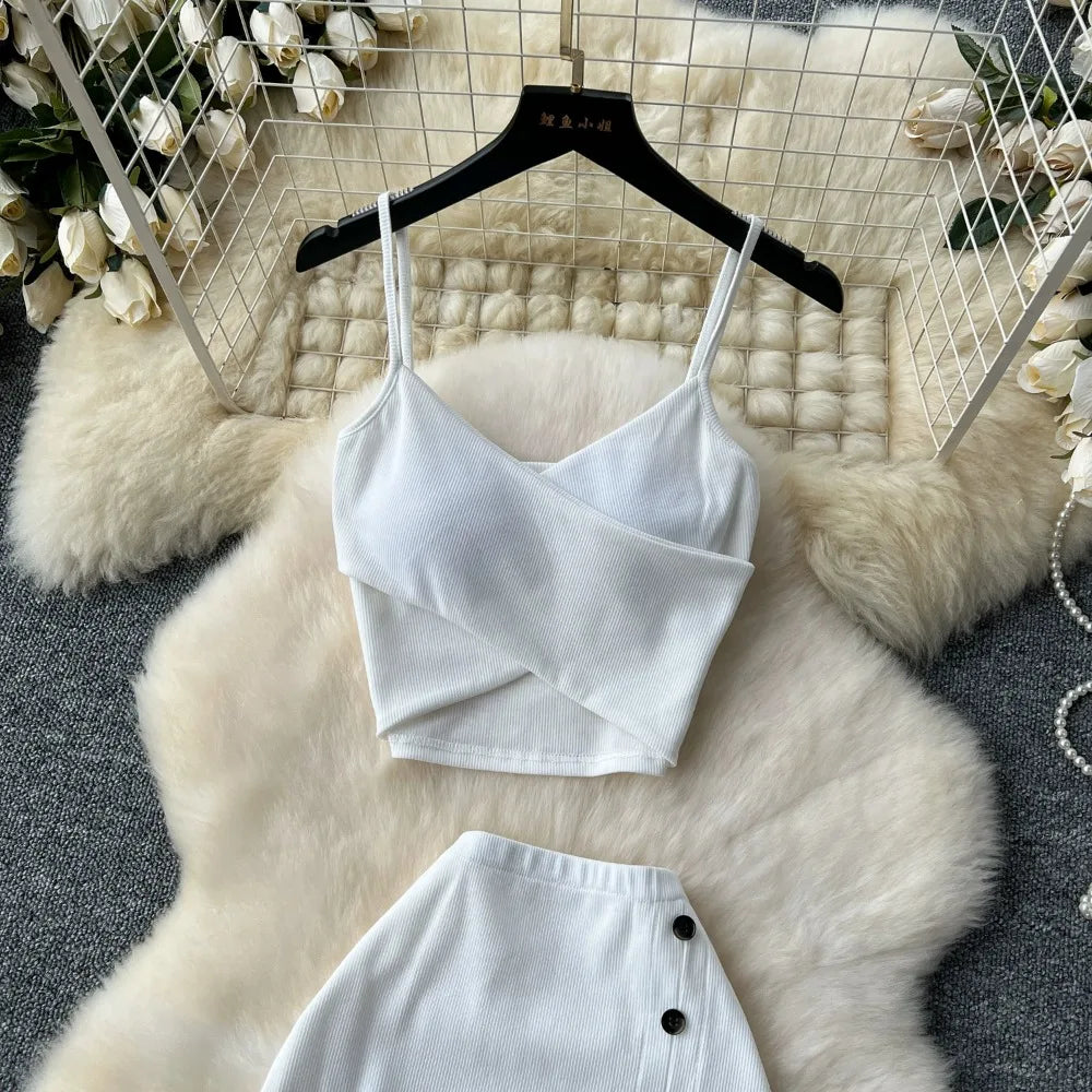 Ensemble 2 Pièces Été — Haut Court Col V + Jupe Longue Fendue Taille Haute Élastique Couleur Unie | Foamlina