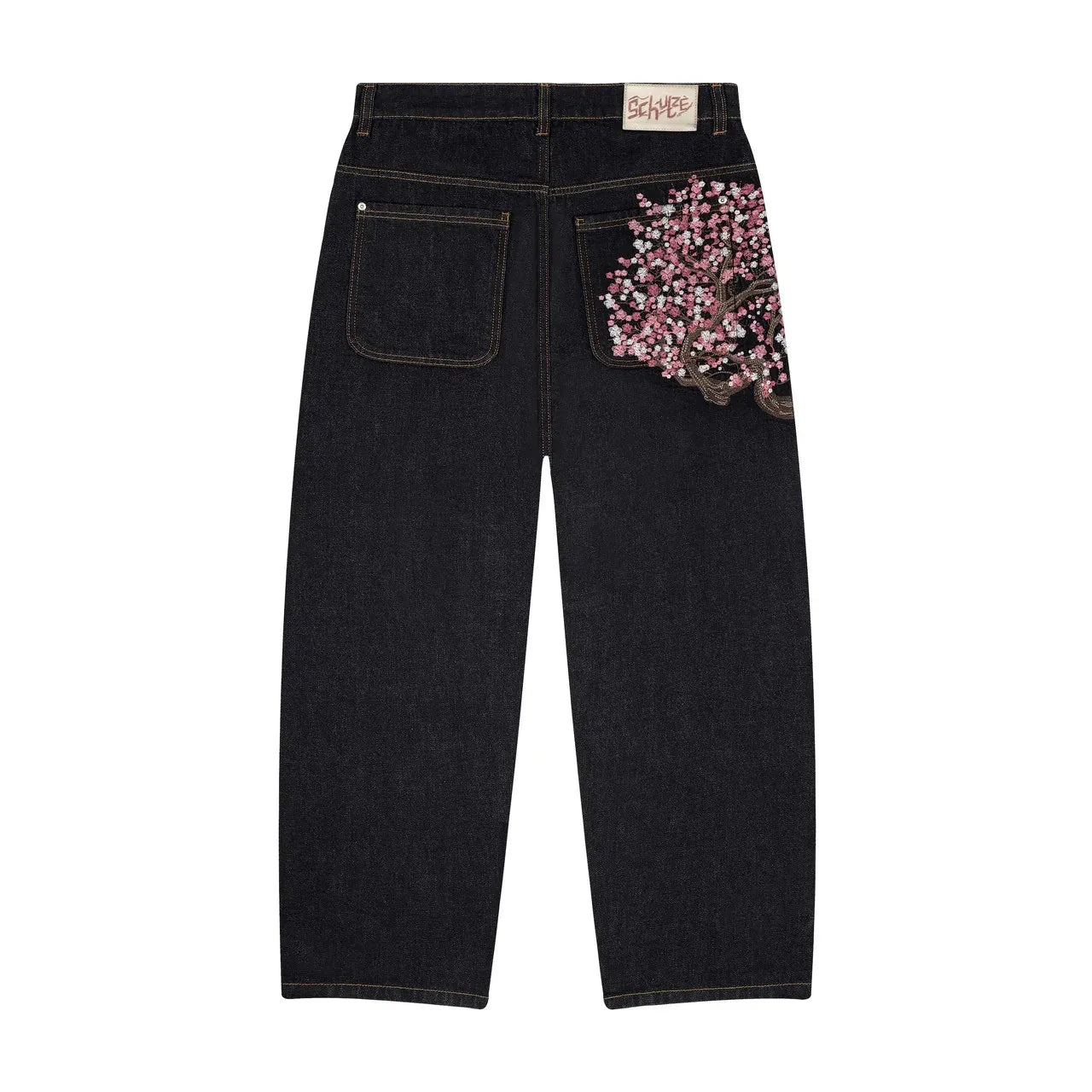 Jean Baggy Droit Y2K Broderie Fleur de Cerisier Chevalier — Denim Vintage Streetwear BiggOrange