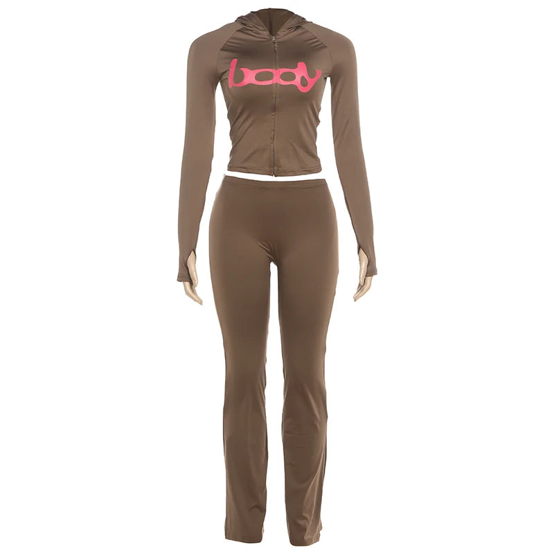 Ensemble 2 Pièces Survêtement Imprimé Lettres – Veste Zippée & Legging Stretch High Street | Femme