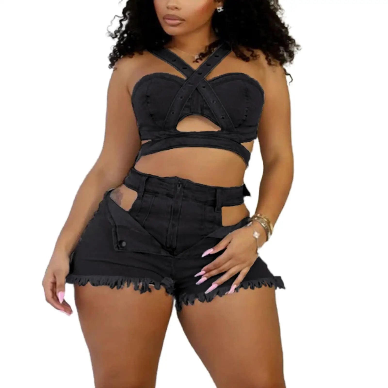 Ensemble 2 Pièces Denim — Crop Top Licou Sans Manches + Short Jean Déchiré Sexy Vacances | CM.YAYA Été 2025
