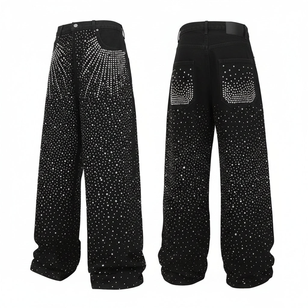 Jean Baggy Y2K Gothique — Motif Diamant, Denim Noir, Jambe Large | JENTULIN