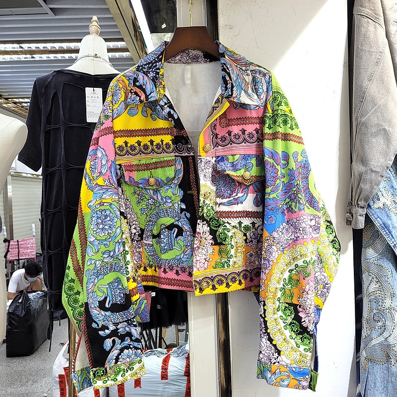 Veste en Jean Harajuku Imprimé Floral – Manteau Court Denim Coréen Y2K Streetwear | Femme 2025