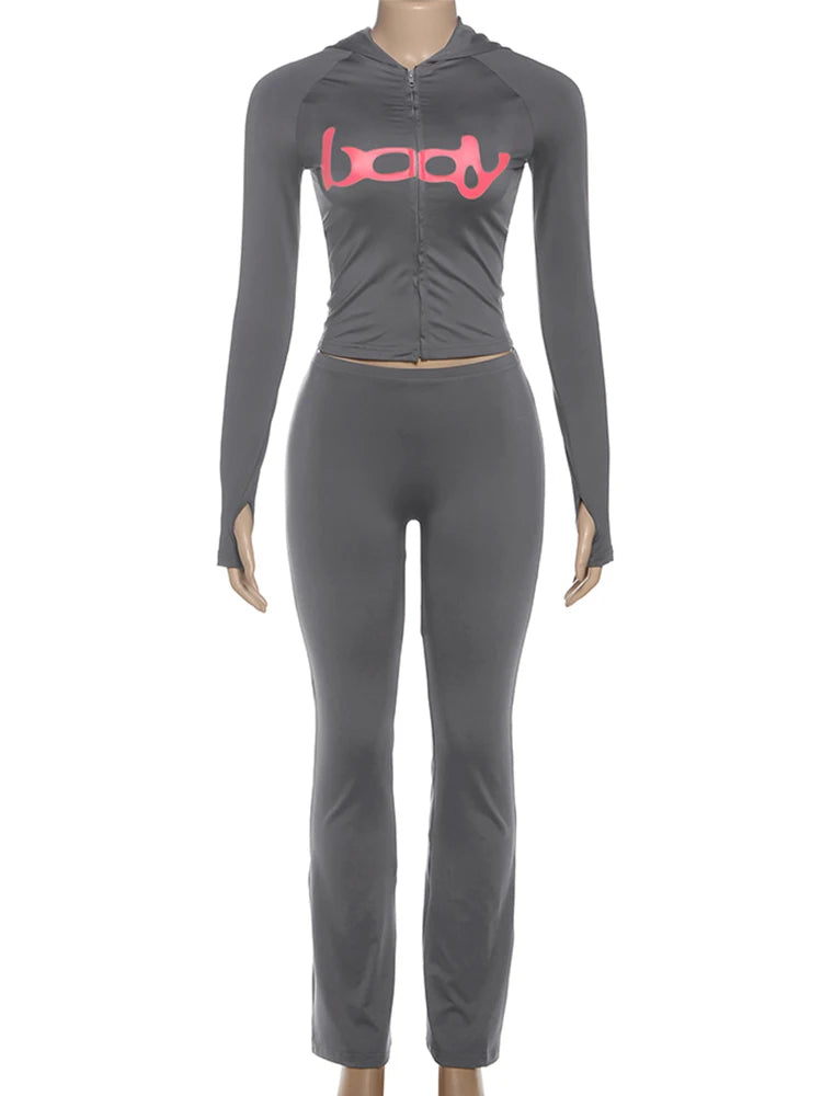 Ensemble 2 Pièces Survêtement Imprimé Lettres – Veste Zippée & Legging Stretch High Street | Femme