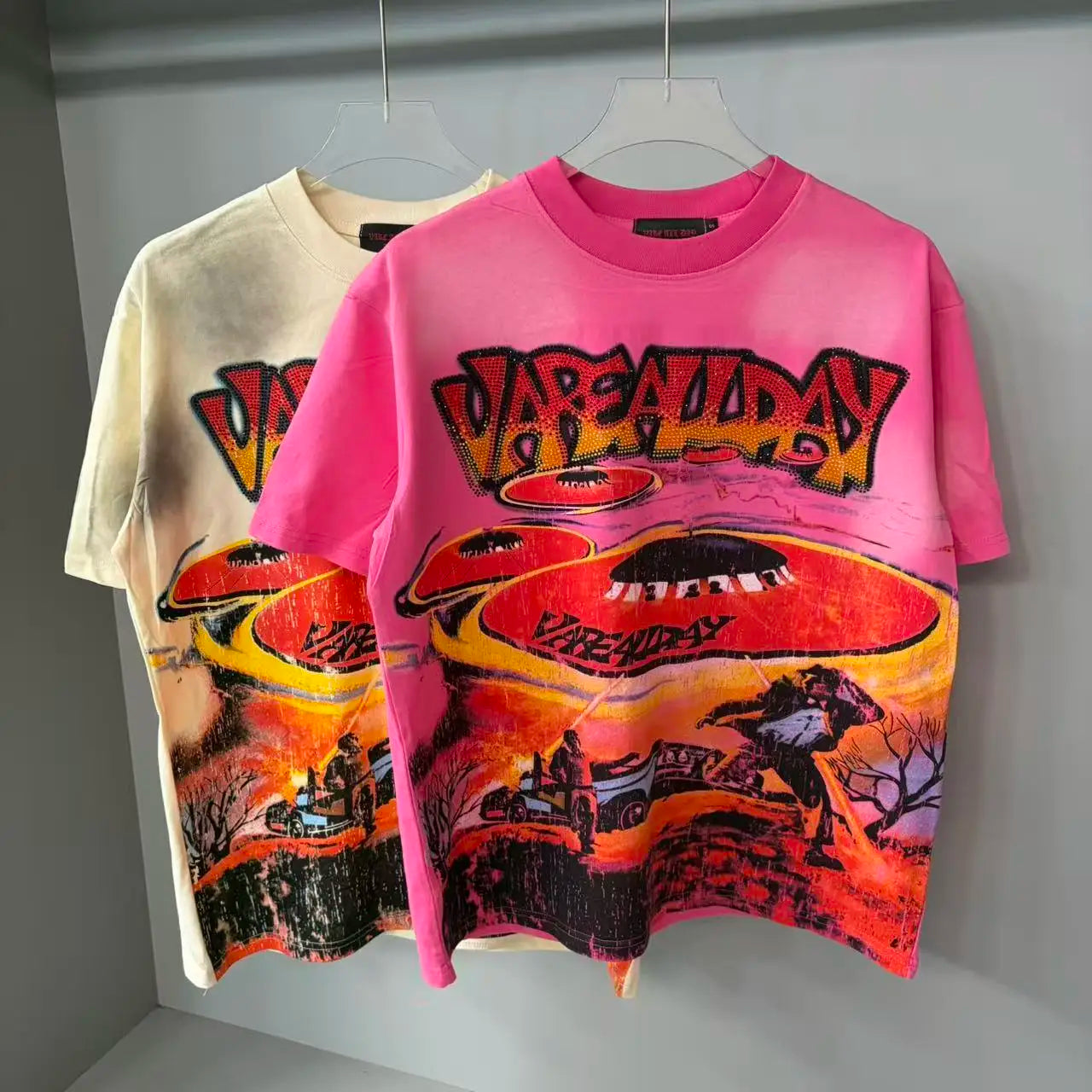 T-shirt Coton Manches Courtes Unisexe — Lettres Strass Effet Diamant Brillant Streetwear Harajuku Hip Hop Coupe Ample | HANGJIA
