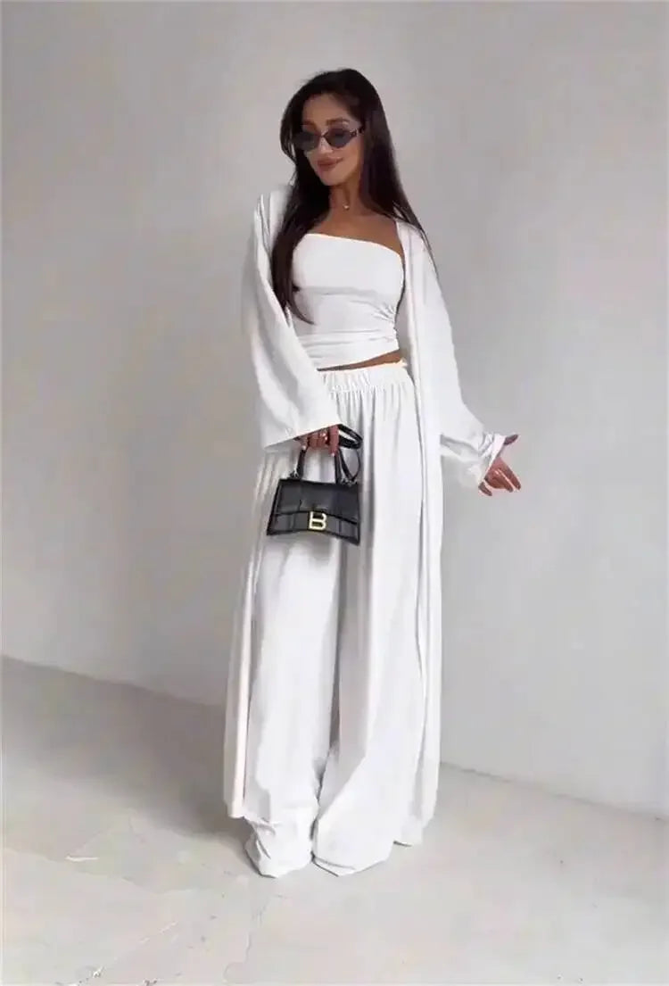Ensemble 3 Pièces Femme — Débardeur, Long Cardigan & Pantalon Large Élégant | Bureau Été