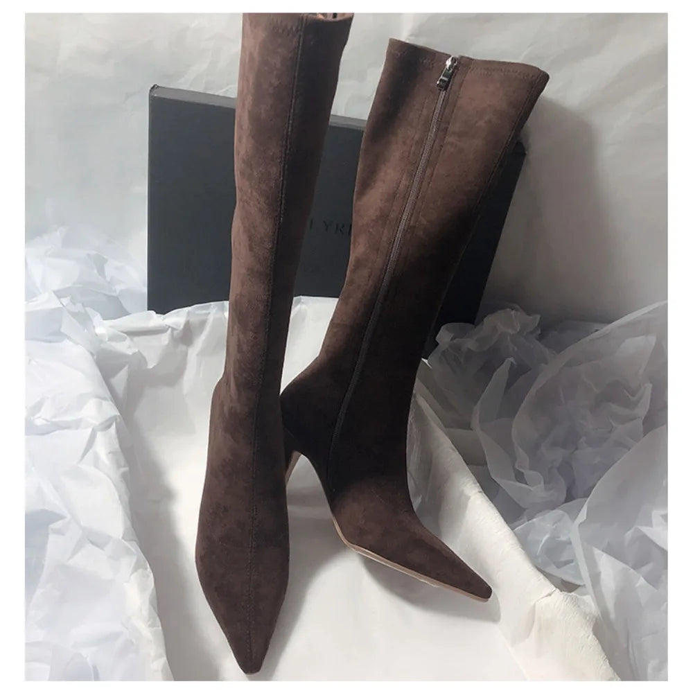 Bottines Cheville Daim Élastique Bout Pointu — Talon Aiguille Sexy Fermeture Éclair
