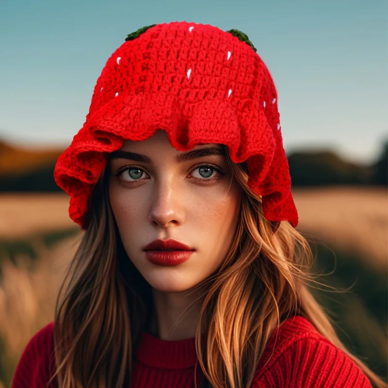 Chapeau Pêcheur Fraise Crocheté à la Main – Bob Kawaii à Volants Style Bohème | Femme