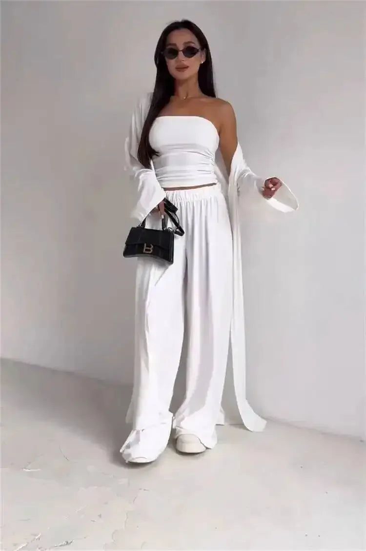 Ensemble 3 Pièces Femme — Débardeur, Long Cardigan & Pantalon Large Élégant | Bureau Été