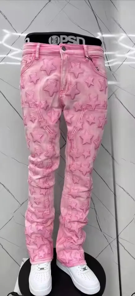 Jean Skinny Homme Y2K — Style Gothique Punk Étoile 3D Brodée Rose Harajuku Taille Basse Décontracté