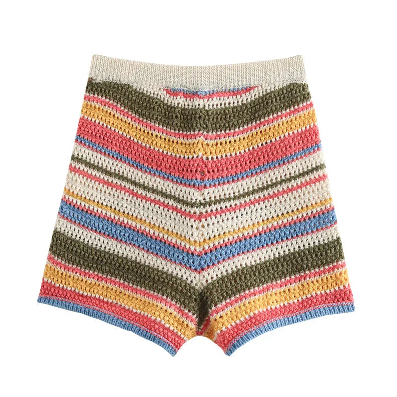 Ensemble Tricoté Rayé Été — Haut Boutonné Col Rabattu Manches Courtes + Short Assorti Décontracté | 2026