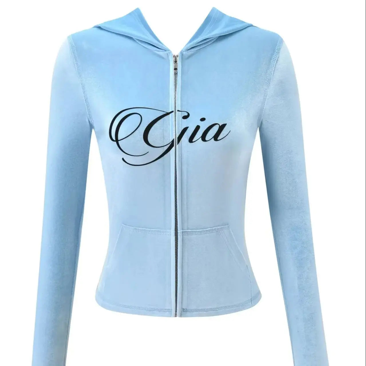Nouvel ensemble minimaliste confortable GIA : veste à capuche zippée en velours et pantalon ample coupe slim en bleu